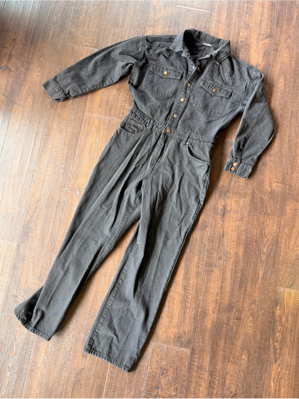 Fashion Nova Black Button-Front Denim Jumpsuit